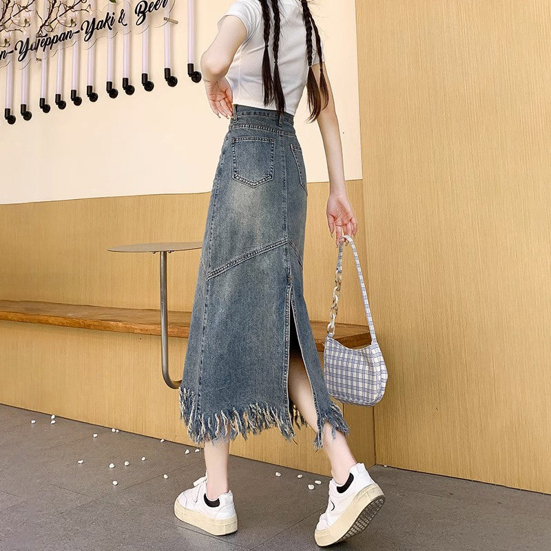 潮牌高腰后开叉牛仔半身裙女2026年夏季包臀小个子流苏a字长裙子
