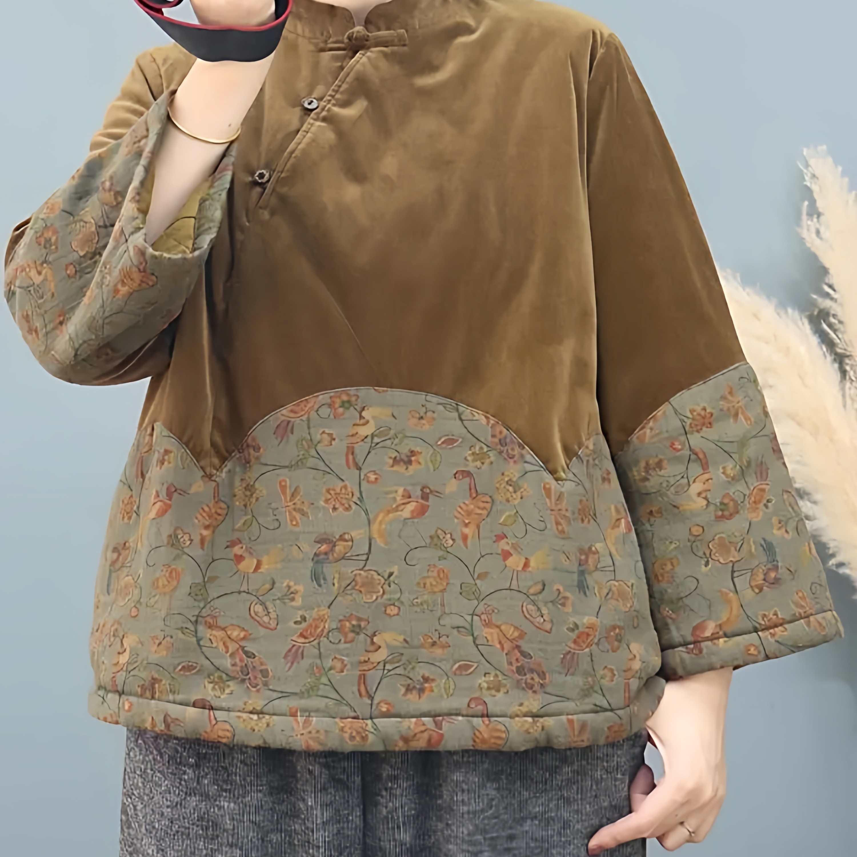 文艺新中式细条灯芯绒拼接碎花盘扣夹棉加厚外套冬季立领复古棉衣