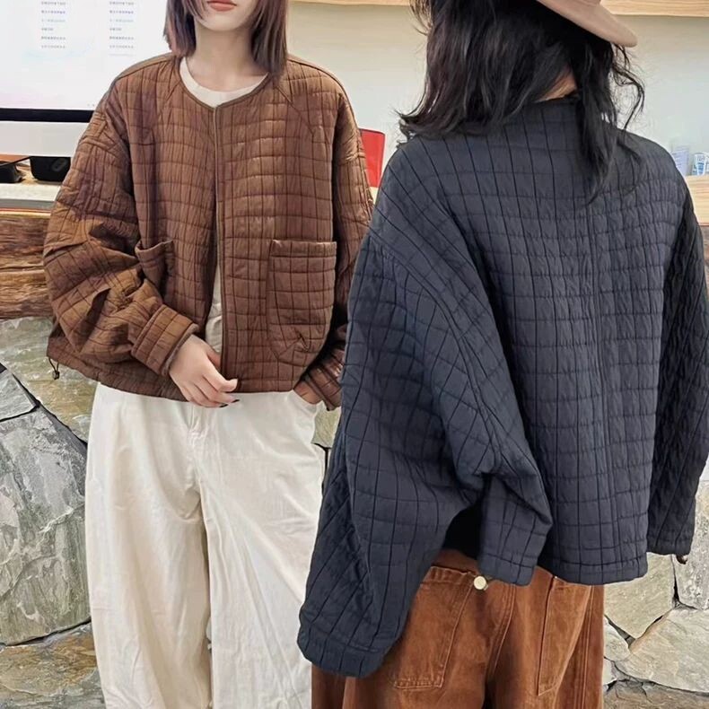 冬日系文艺复古圆领宽松大码棉衣长袖格子夹棉拉链外套夹克棉服女