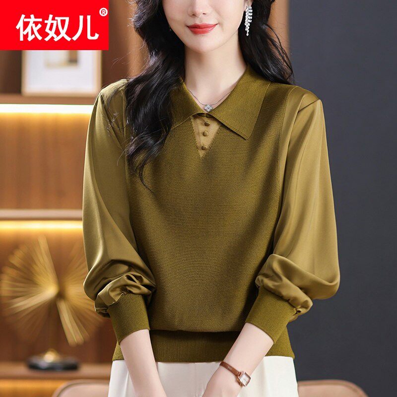 桑蚕丝长袖t恤女装2026新款春款妈妈翻领上衣独特洋气针织衫薄款