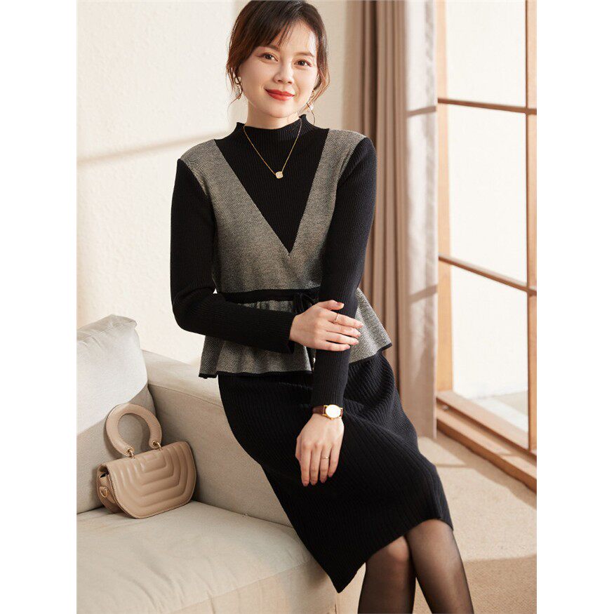 喜卉中年妈妈冬装洋气连衣裙中长款毛衣中老年女秋冬针织打底裙子