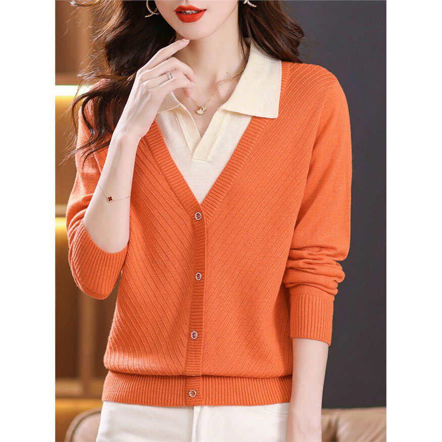 假两件上衣女2025春秋装新款羊毛开衫外套薄款毛衣拼接翻领针织衫