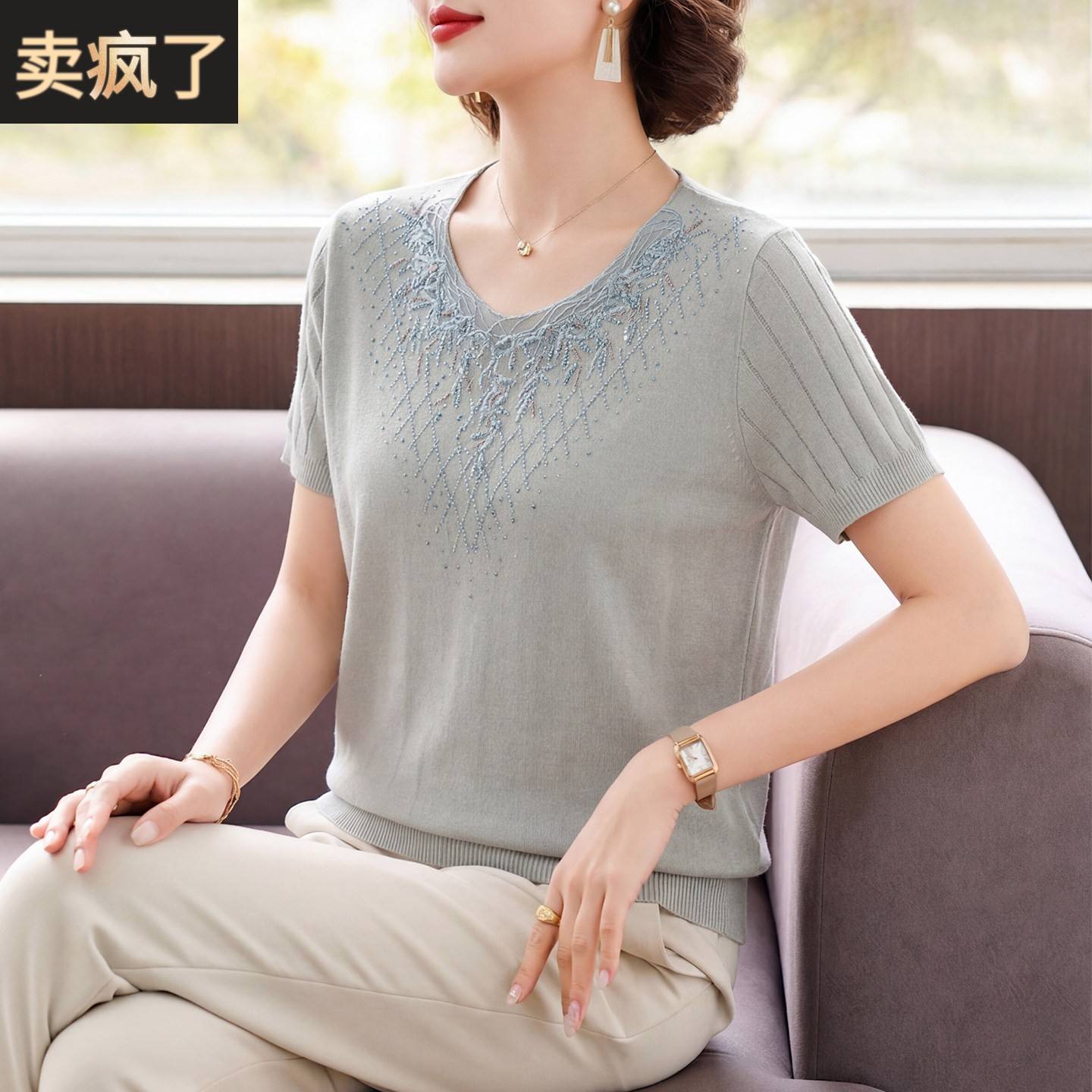 妈妈夏装短袖T恤中年女装洋派蕾丝小衫中老年夏季针织母亲节衣服