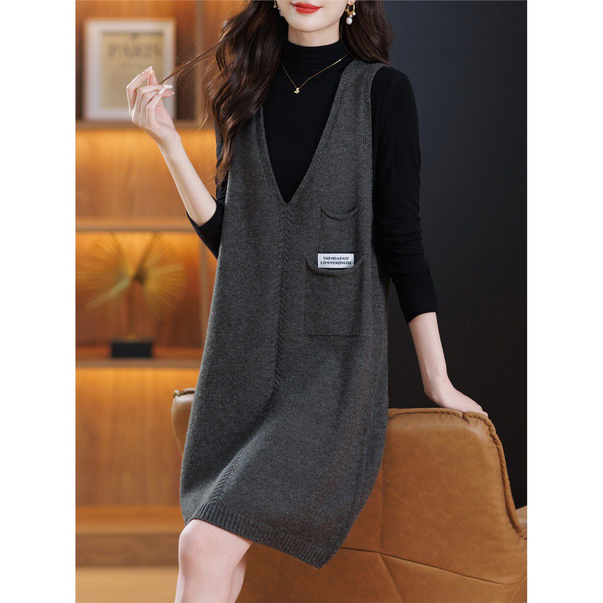 马甲女v领针织连衣裙过膝无袖毛衣坎肩中长款宽松韩版春秋背心裙