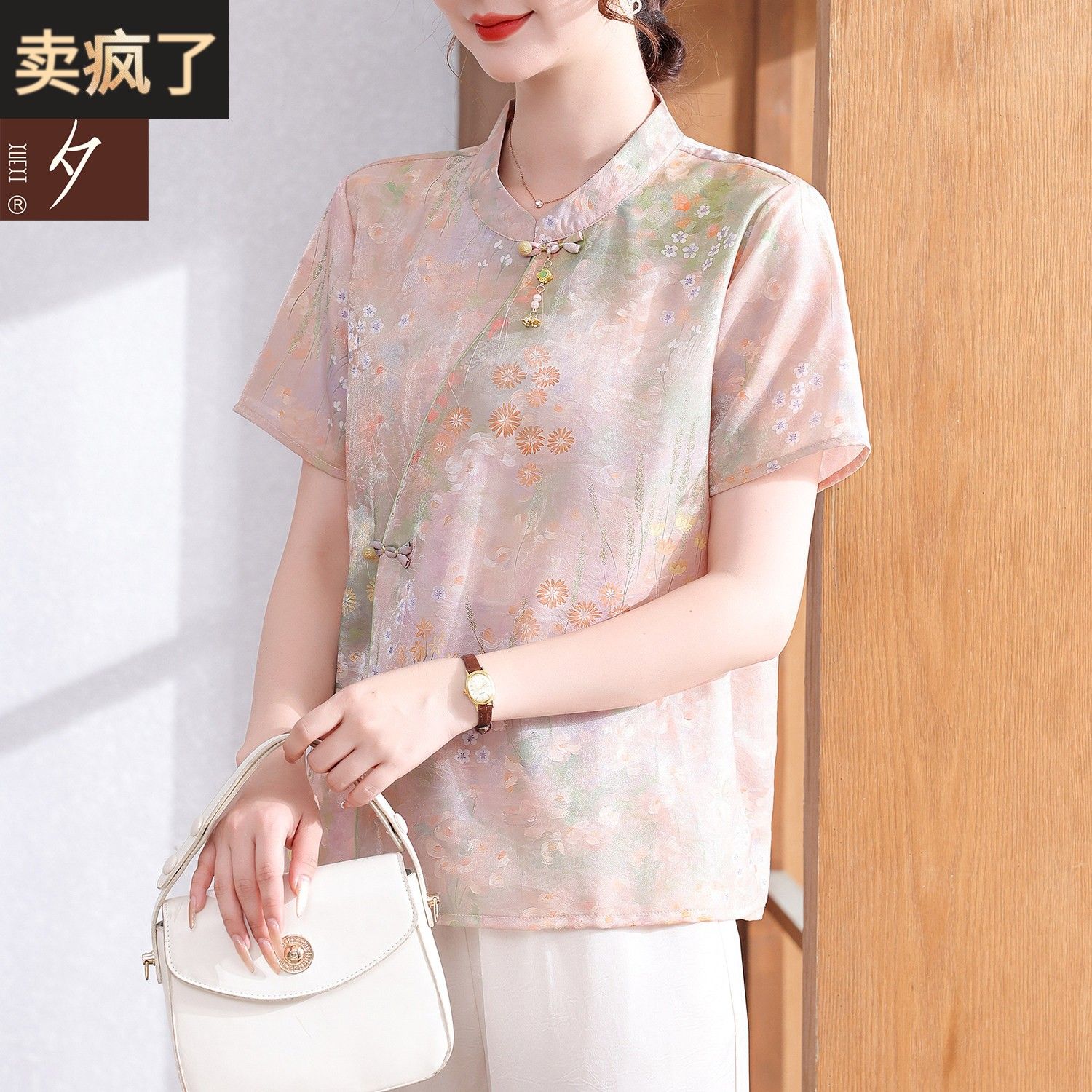 妈妈夏装新中式雪纺短袖小个子t恤衬衫上衣服中老年女装减龄国风