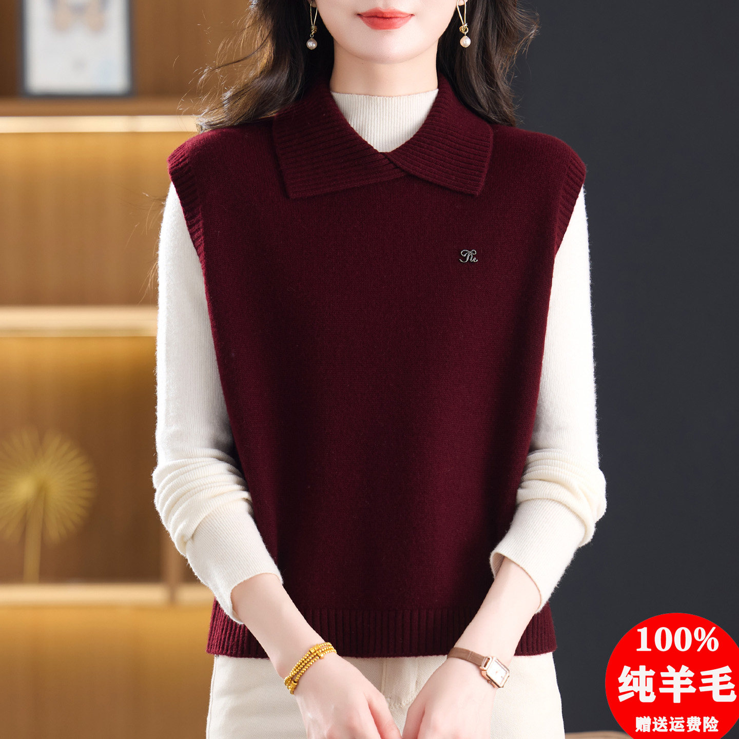 100纯羊毛针织马甲女翻领图片