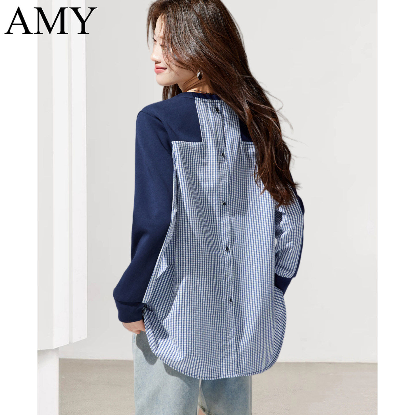 2026春装新款圆领无帽遮屁股拼色T恤假两件洋气微胖慵懒上衣女装