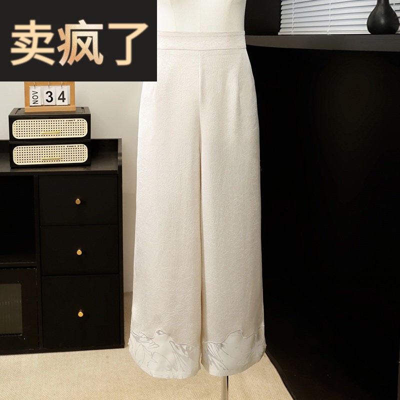 妈妈夏季提花阔腿裤气质国风松紧腰中年女夏装直筒宽松长裤子凉快