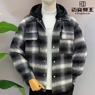 百变舞王男士格纹连帽羽绒服休闲外套时尚百搭加厚保暖