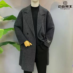 百变舞王灰色毛呢大衣男中长款双排扣翻领外套