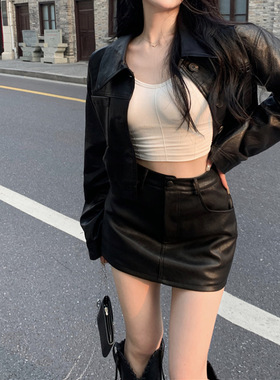 黑色独特时尚套装女春秋2025新款短款外套高腰显瘦包臀裙两件套潮