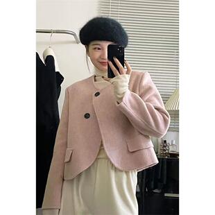 韩系圆领单面羊绒大衣女短款单排扣小个子毛呢外套2026春秋冬新款