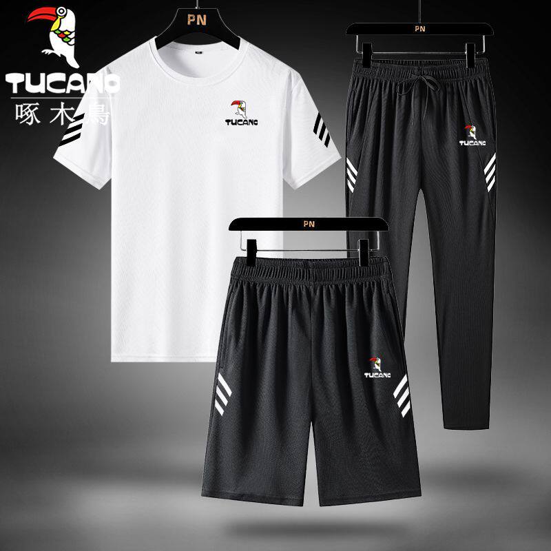 啄木鸟三件套夏季大码宽松薄款速干休闲运动服套装男爸爸装夏装潮