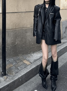 2025年秋冬季新款黑色皮衣外套男女街头酷飒小众设计感西装外套