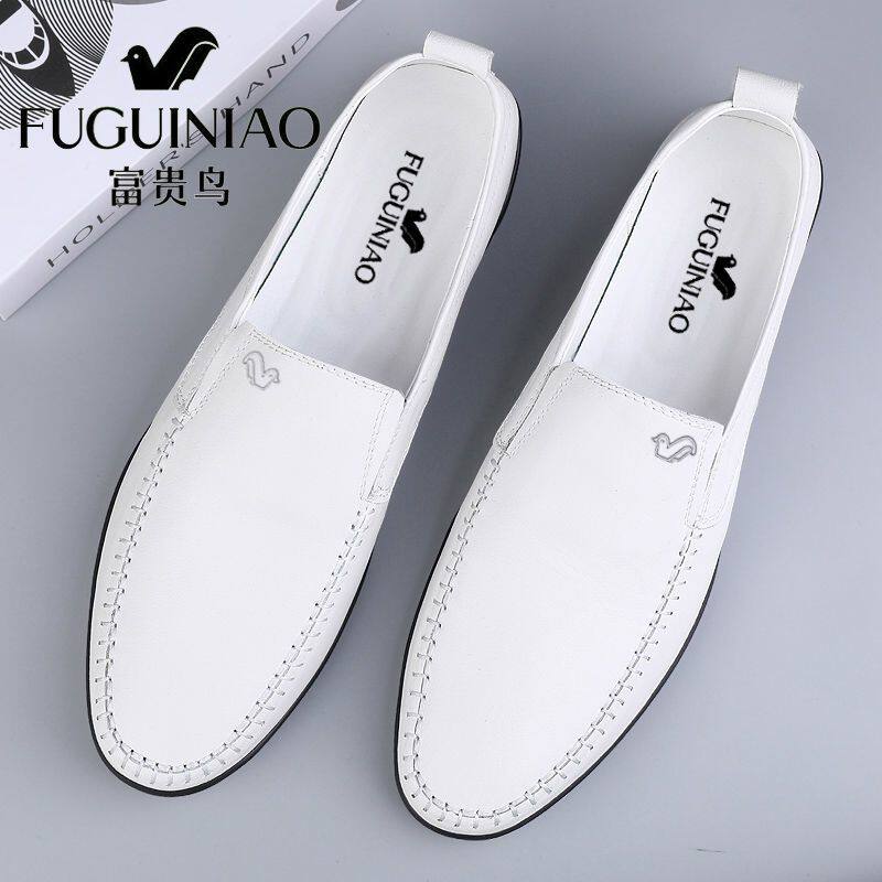 富贵鸟休闲鞋白色皮鞋男款真皮头层牛皮一脚蹬软皮软底豆豆鞋男鞋