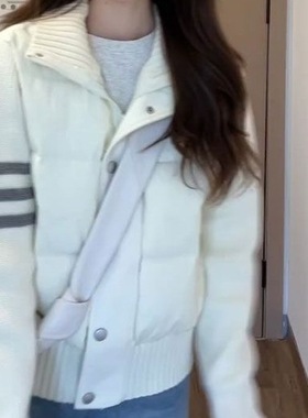 棉服女条纹长袖针织拼接翻领棉衣冬季时尚显瘦短款棉袄休闲外套