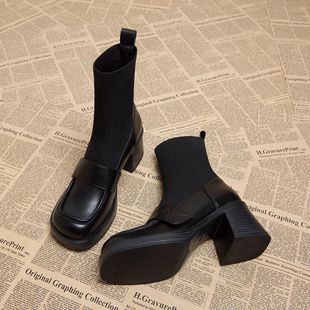 瘦瘦爆款 粗跟短靴女秋冬加绒袜鞋 2025新款 针织高跟弹力袜子乐福鞋