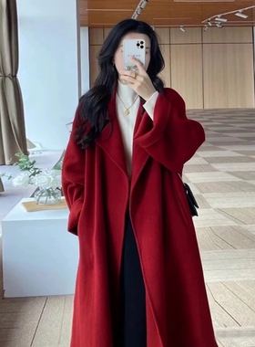 红色呢子大衣女中长款2025秋冬新款名媛腰带宽松百搭毛呢御姐外套