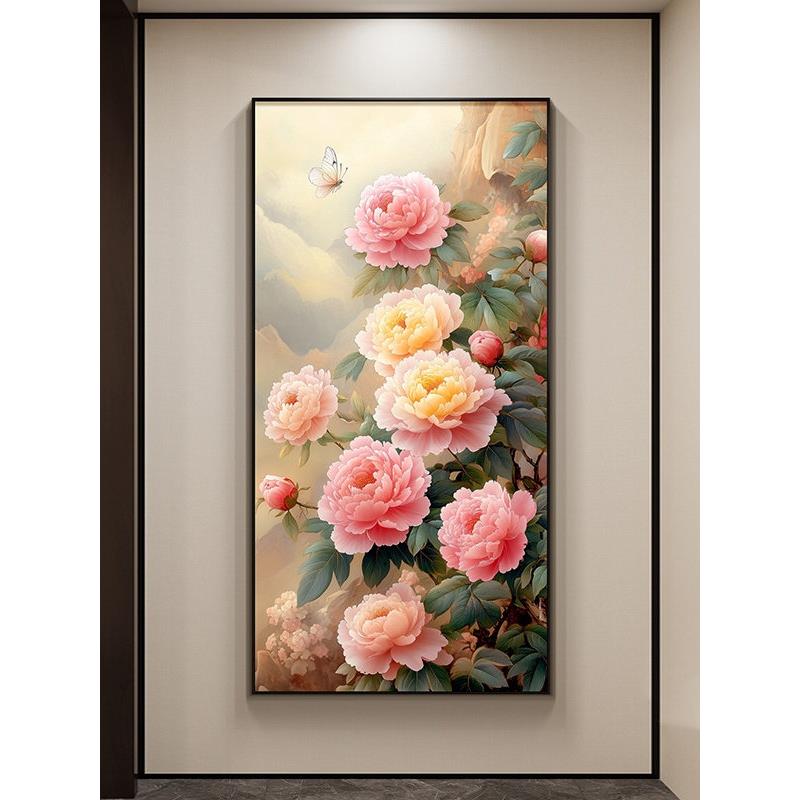 牡丹花挂画新中国风入口门入口装饰画鲜花盛开财富垂直版走廊客厅