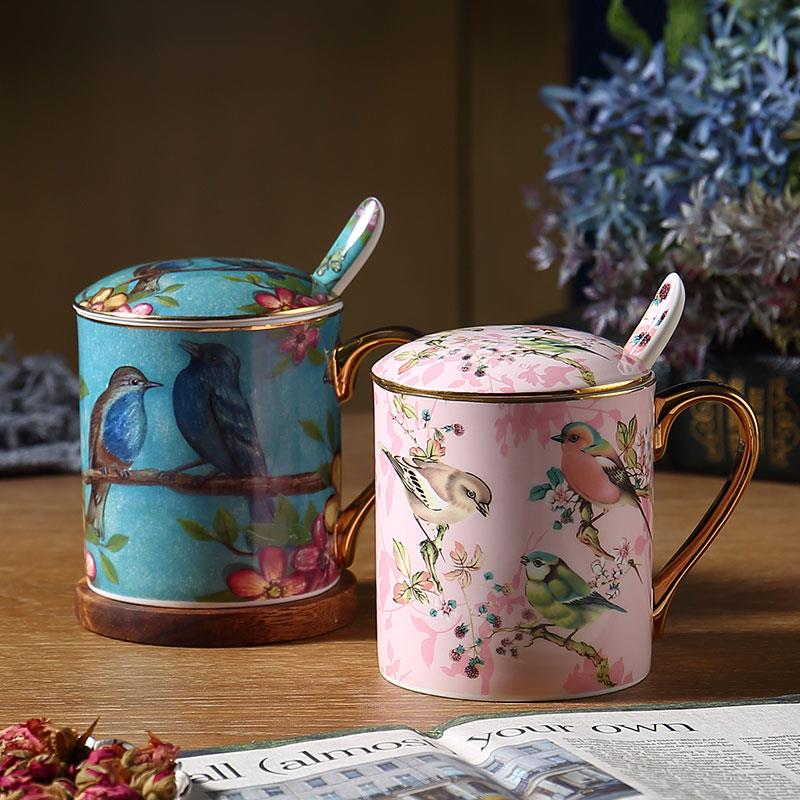 美道马克杯骨瓷杯咖啡杯子创意情侣杯早餐杯家用陶瓷水杯带盖勺子