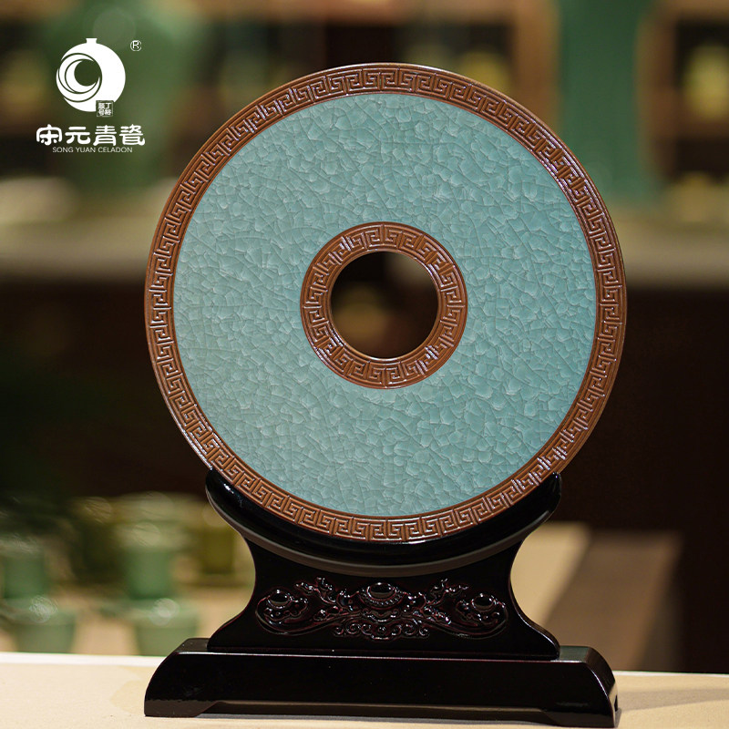 龙泉青瓷省级工美大师丁绍杰手工制作冰裂纹青璧高档收藏摆件送礼