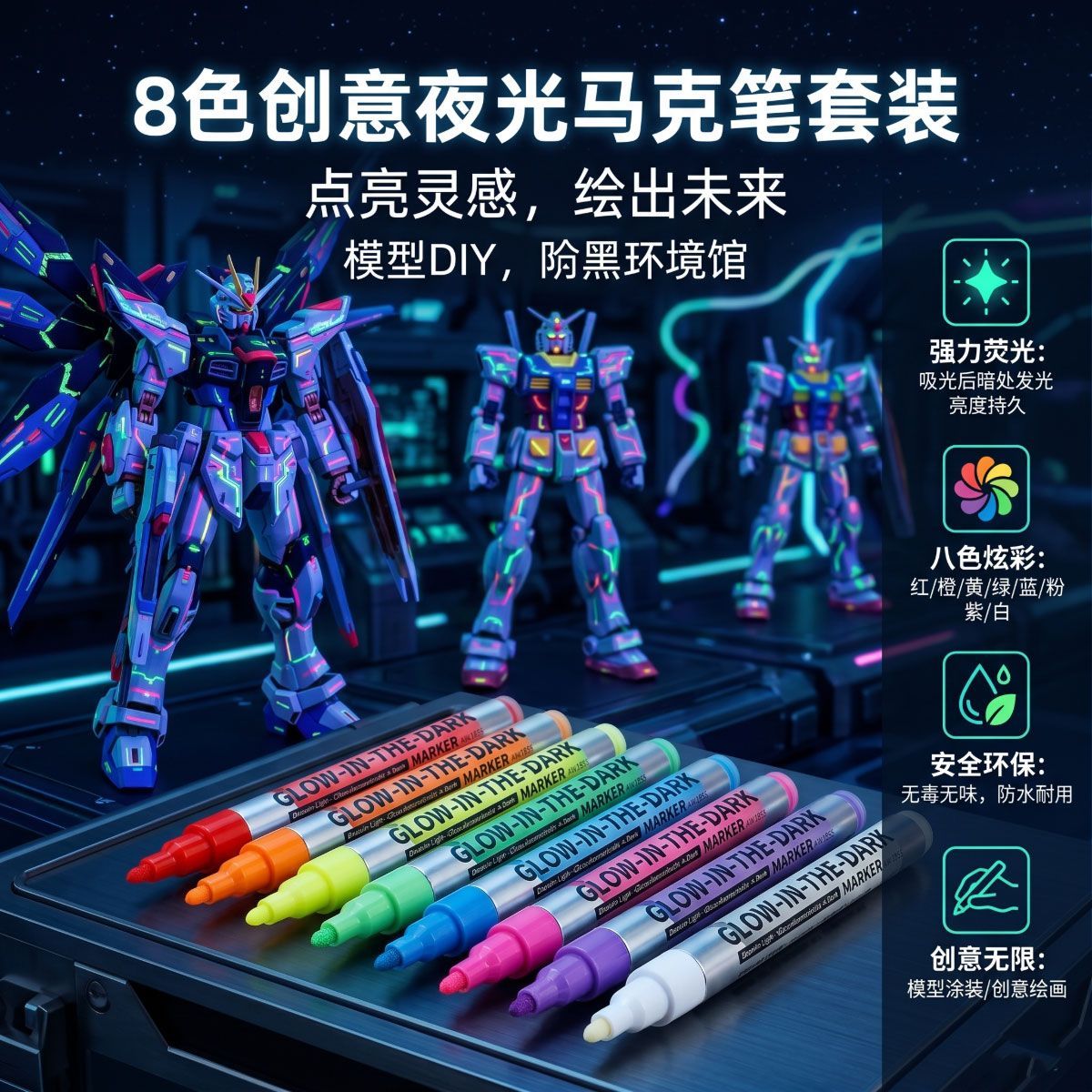 夜光笔模型笔荧光色模型机甲眼睛涂色发光炫酷3D模型笔荧光夜光笔自发光荧光马克笔图片
