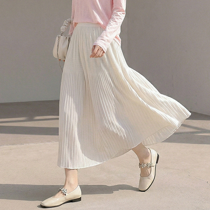 菲媛简约时尚百搭垂坠感缎面百褶裙女早春新款香芋紫风琴褶半身裙