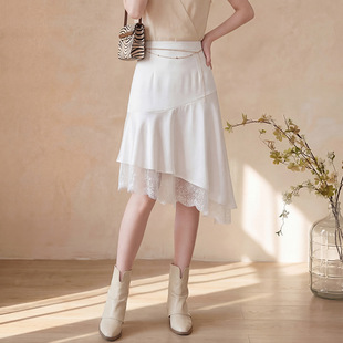 时尚 春夏新款 百搭纯色缎面 气质优雅蕾丝花边不规则裙女 菲媛法式