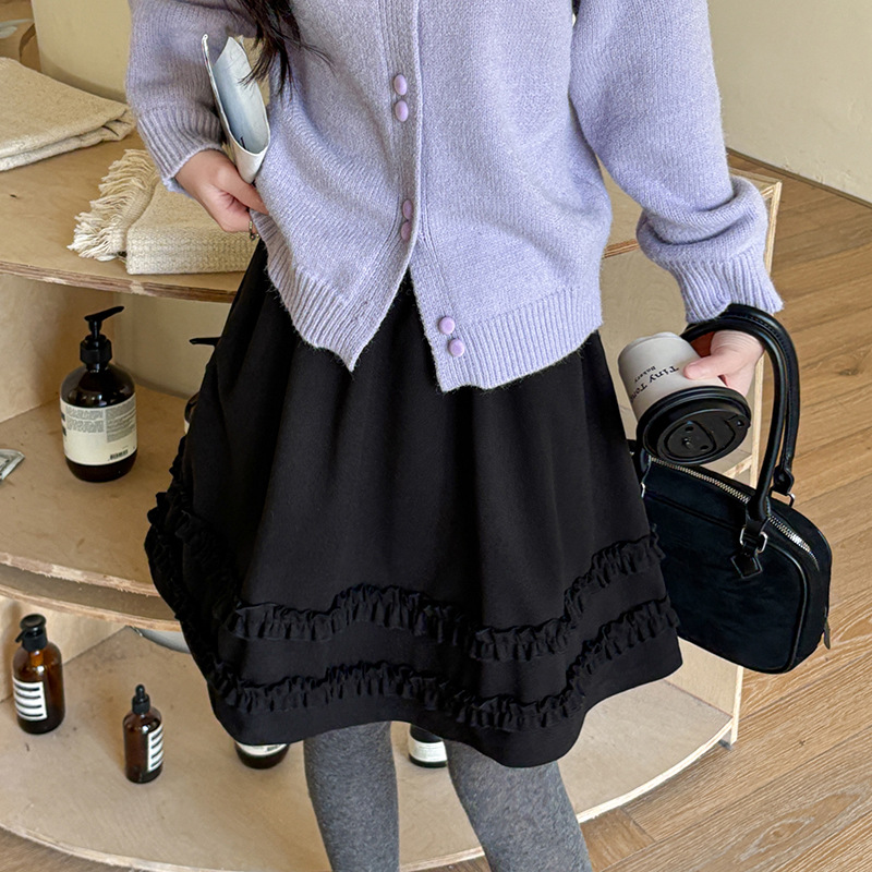 菲媛毛呢短裙女2025秋冬款a字裙高腰半身裙木耳边超好看5分中裙