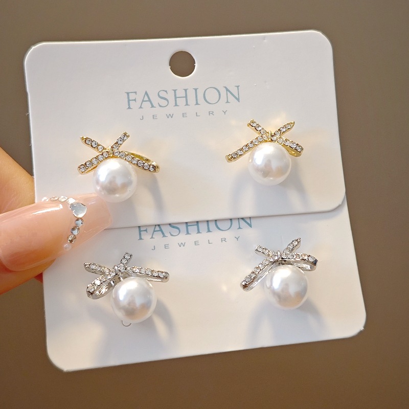 韩国细闪蝴蝶结珍珠耳钉女小巧精致个性简约时尚气质百搭耳环耳饰