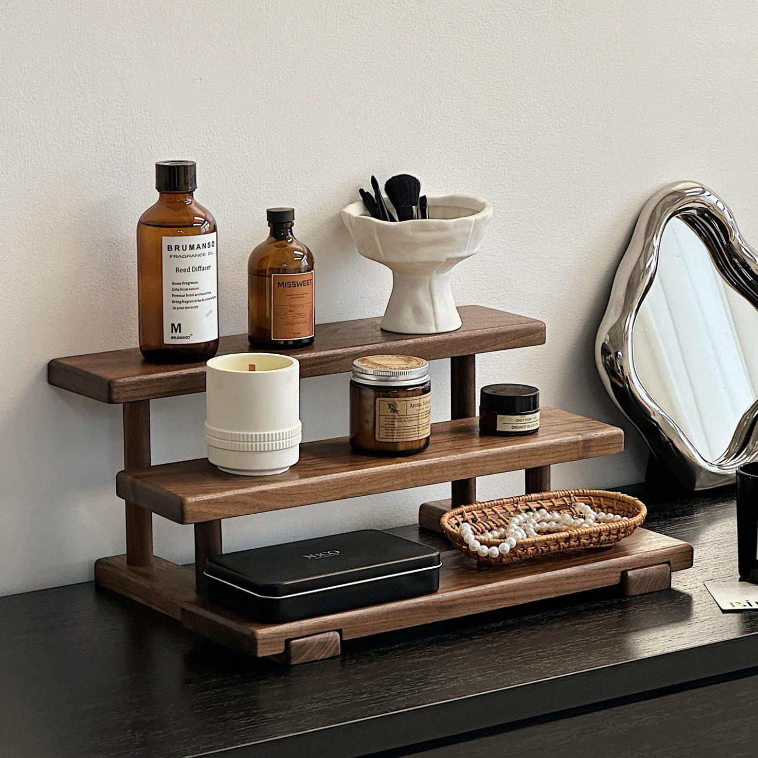 桌面多层置物架杯子香水香薰化妆品护肤品收纳梳妆台展示架胡桃木