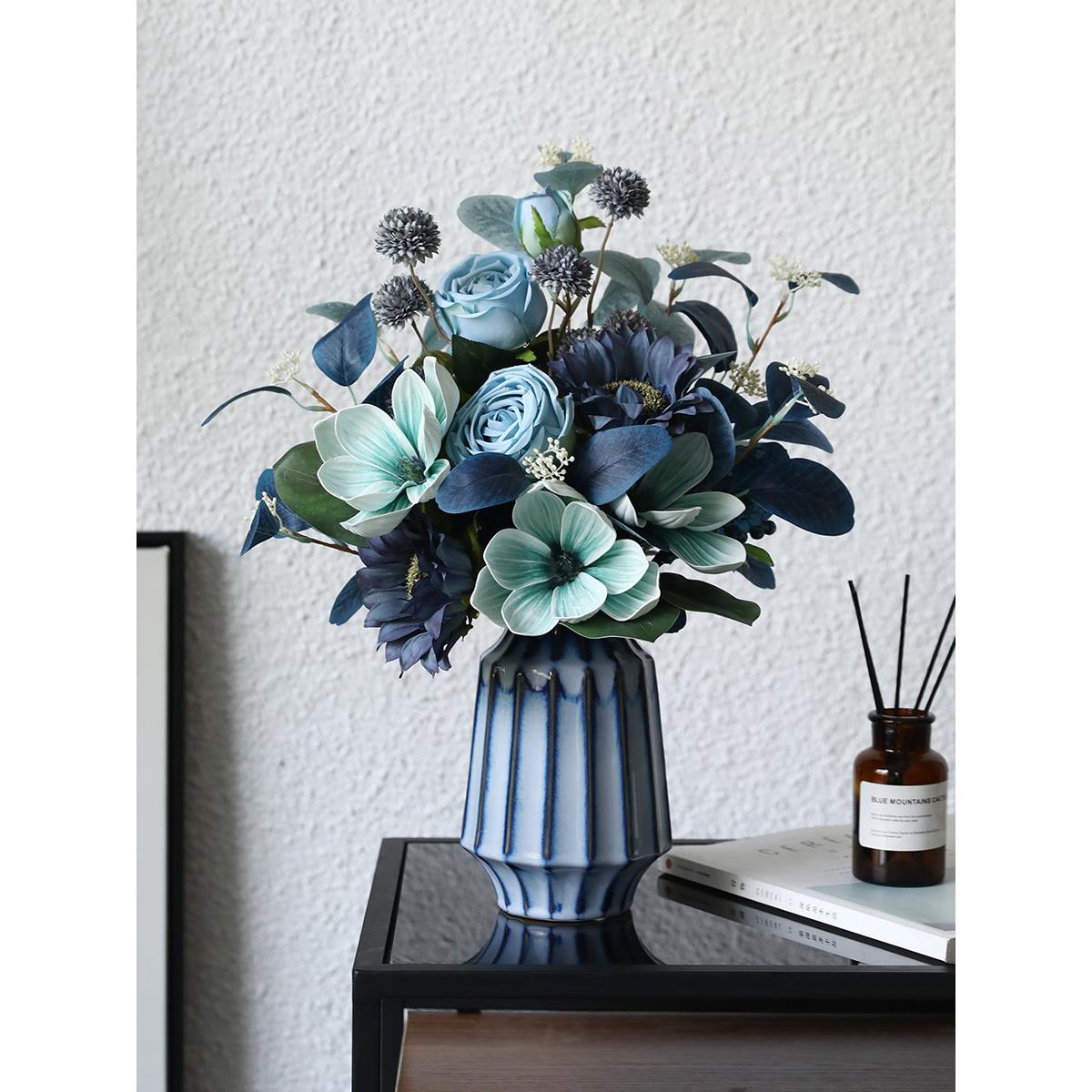玫瑰玉兰彷真花束假花高档轻奢花艺摆件客厅餐桌花装饰品干花摆设