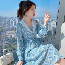 新款 法式 印花连衣裙女2021春季 收腰显瘦中长款 气质女神范碎花裙子
