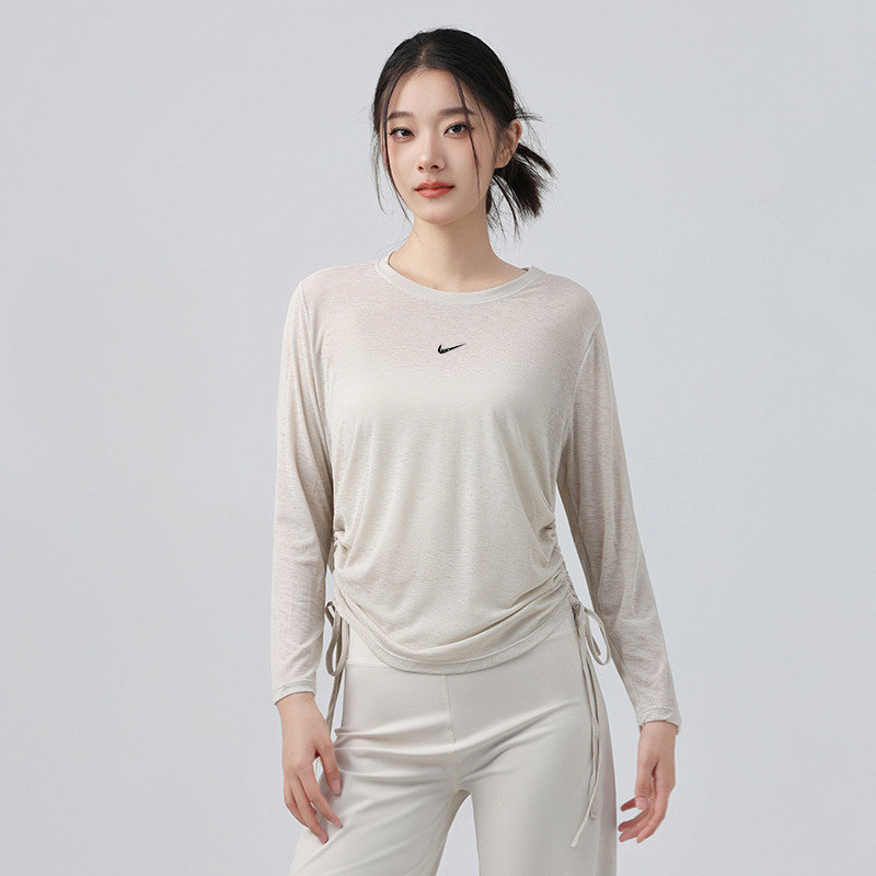 奥特莱斯刺绣logo瑜伽服竹节纱垂感上衣女健身抽绳罩衫普拉提长袖