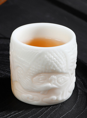 羊脂玉茶杯个人专用白瓷功夫水杯陶瓷茶杯品茗杯手工浮雕单杯中式