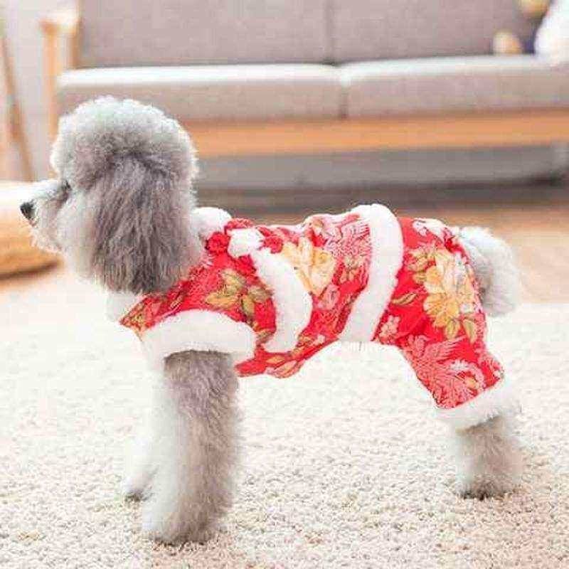 狗狗唐装牡丹服装小狗衣服泰迪比熊宠物加厚加绒保暖四脚衣秋冬装