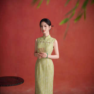 绿色复古气质修身 长款 旗袍 改良旗袍日常无袖 花花旗袍2026春夏新款