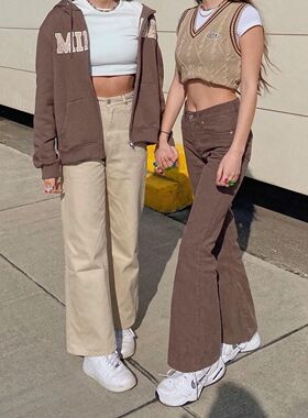 Minga 2022秋季 美式复古棕色系 高腰休闲 通勤 微喇 直筒长裤