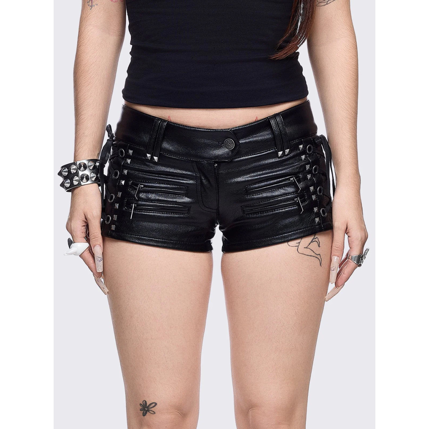 Minga暗黑哥特pu皮低腰短裤热裤