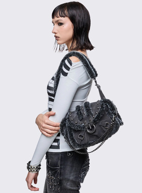 Minga Y2K千禧辣妹风 深灰色麂皮素皮银色铆钉 可拆卸链条单肩包