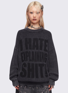 Minga新品 亚文化水洗黑色字母图案 宽松圆领罗纹针织毛衣上衣