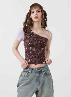 Sixthdimension星星月亮兔子不对称露肩 短款短袖上衣