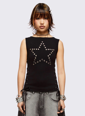 Minga 新品亚文化朋克 星形孔眼设计 侧边可调节系带短款背心上衣