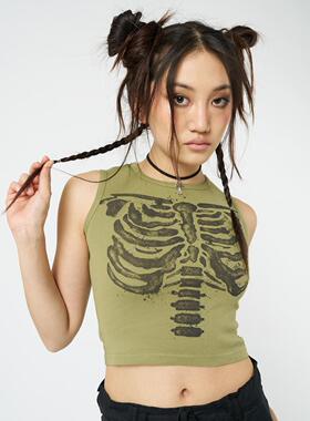 Minga夏美式复古朋克绿色骨架图案印花圆领修身短款无袖背心上衣