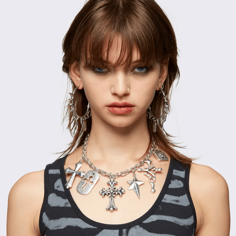 minga镀银锁骨链十字架骷髅