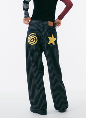 Sixthdimension y2k 星星旋涡图案竖纹高腰牛仔阔腿裤