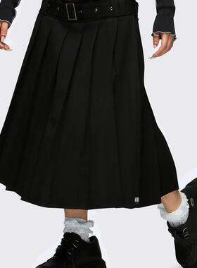 Minga 新品 美式复古 黑色百褶双腰扣 低腰半身裙中长裙