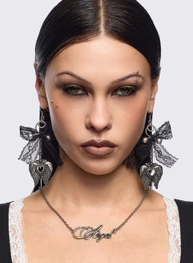 Minga新品 暗黑哥特 羽翼心形吊坠 蕾丝蝴蝶结穿孔设计 钩扣耳环