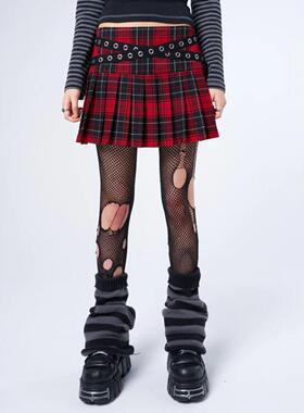 Minga新品 朋克摇滚红色格纹皮带扣装饰低腰a型百褶半裙短裙
