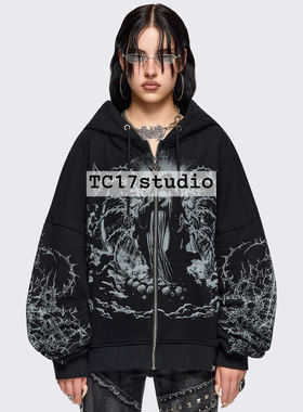 Minga 新品暗黑神秘哥特风 人像荆棘图案 超宽松连帽拉链卫衣外套